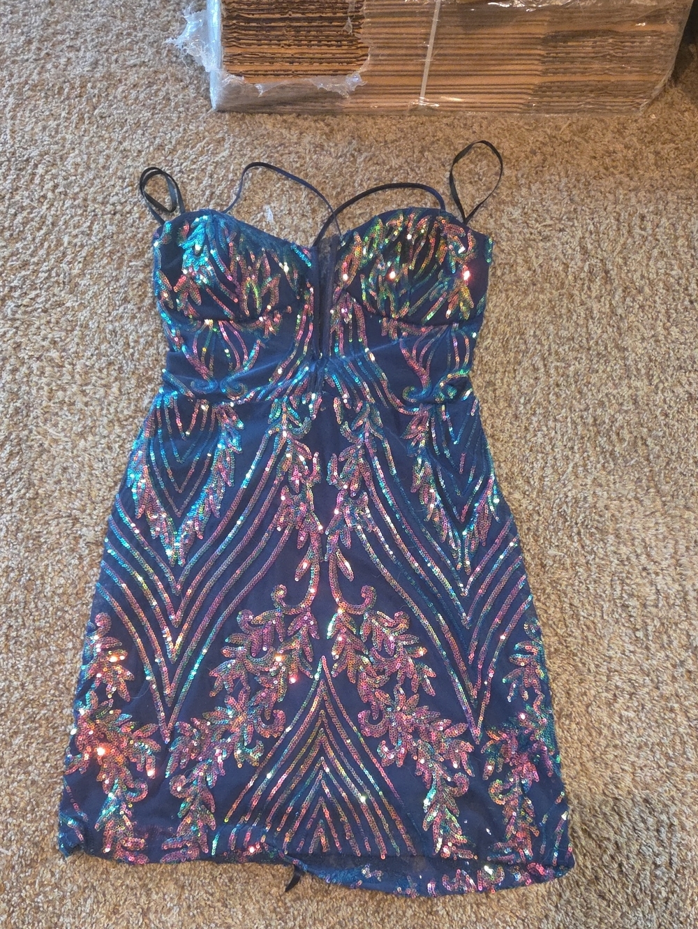 Navy Mini Dress with Multicolor Sequin Embellishments